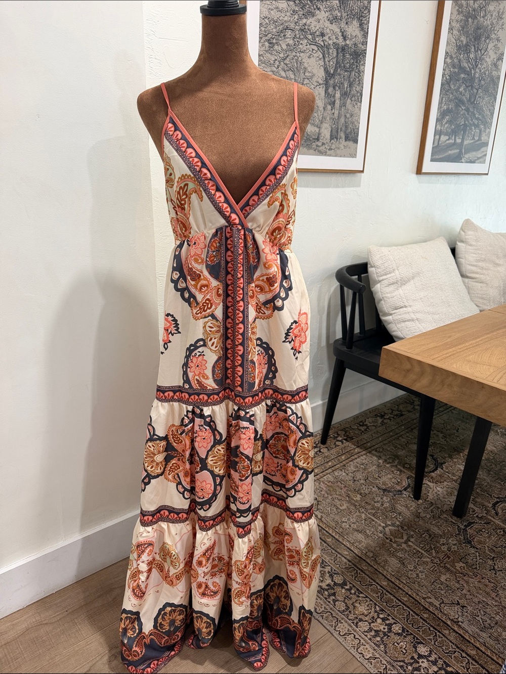 Boho Paisley Maxi Dress in Cream and Coral